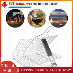 【winnereco】 BBQ Grilling Basket Wooden Handle Outdoor Camping BBQ Rack Stainless Steel Grill Basket with Detachable Handle for Fish Vegetables Steak Shrimp Chops