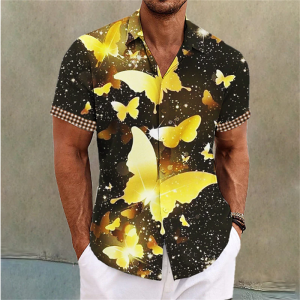 Summer Hawaiian Mens Shirt Butterfly Pattern Printed Feather Cuffed Shirt Outdoor Street Short Sleeve Clothing Fashion Designer