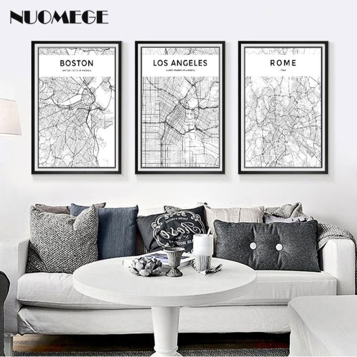 Màu đen và trắng Bản Đồ Thành phố thế giới New York Tokyo Paris Tranh Tường Vải Áp phích in tranh Kiểu Bắc Âu hình ảnh cho phòng khách