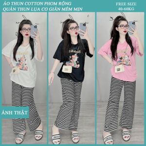 Đồ Bộ Quần Dài Cao Cấp Áo Thun Phom Rộng Phối Quần Ống Rộng Sọc Ngang Kèm Ảnh Thật Thun Cotton 100% 40kg đến 60kg vừa