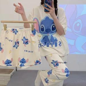 Anime Disney Stitch Silk Pajamas Womens Summer Casual Home Short-Sleeved Trousers Three-Piece Loungewear Womens Pajamas Set