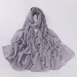 Jifang White Pearls Shiny Rhinestones Flower Decor Plain Bubble Chiffon Pashmina Shawl Muslim Hijabs Shawls Head Scarf SL295