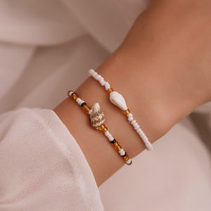 ASRV Fashion Womens Shell Necklace Bracelet Set Handmade Beaded Bracelet Shell Conch Color Beach Bracelet Two-Piece Set