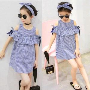 DRESS ANAK 2in1 MINI CASUAL CUT OFF SHOULDER STRIPE BLUE INCLUDE BANDANA