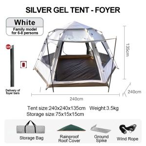 GLAMPTURE White 6-8 Persons Tent Waterproof Automatic Pop Up Tent Six Sides Ventilated Waterproof Mosquito Tent for Outdoor Festival Camping