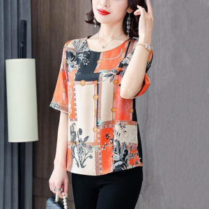 เสื้อยืดสไตล์วินเทจแขนสั้นสำหรับผู้หญิงเสื้อลำลองเสื้อผ้าไหมน้ำแข็งไซส์พิเศษสไตล์ใหม่สำหรับฤดูร้อนปี2025