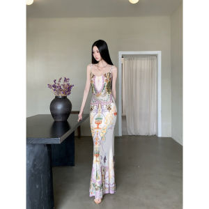 2026 Summer Women Printed Dress High Waist Webbing Spliced Spaghetti Strap Elegant Mermaid Hem Dress