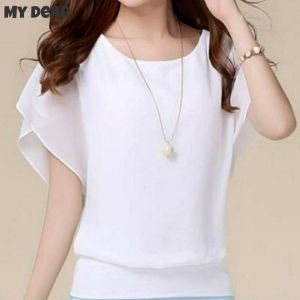 Womens Blouse Solid Short Sleeve Ruffle Chiffon Blouse Plus-size Shirt