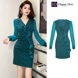 Happy Diva เดรสผู้หญิง เดรสสีฟ้า เดรสแขนยาว เดรสคอวี เดรสชีฟอง เดรสไฮโซ เดรสวินเทจ เดรสออกงาน เดรสปาร์ตี้ เดรสฝรั่งเศส 21027