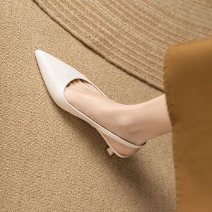 2.75 inches Korean Trend Pointed Mid Heels Beige Stiletto For Women Pointed Sandals
