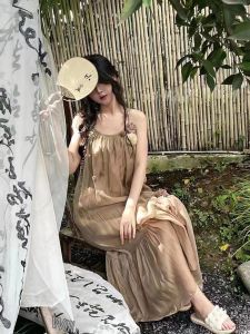 Literary Vintage Loose Dress Embroidered Halter Gentle Style Dress Loose Sleeveless Dresses