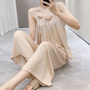 Solid Colors Cotton Silk Pajamas Womens Spring and Summer Simple Camisole Long Pants Sleepwear Two Piece Set Loose Home Wear Clothing