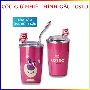 Ly Giữ Nhiệt Inox Hình Gấu Hồng StrawBerry 450Ml Kèm Ống Hút Inox