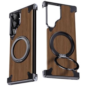 OATSBASF Metal Wooden Backplane Mobile Phone Case For Samsung Galaxy S25 Ultra/S24 Ultra Anti-fall Casing with Stand