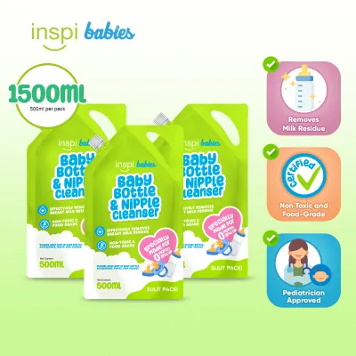INSPI Babies Baby Bottle & Nipple Cleanser for Babies Refill Pack of 3 (500ml each) - made with natural ingredients certified non-toxic and food grade - free shipping essentials bundle