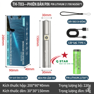 Đèn Pin Cầm Tay Zoom Xa Gần Siêu Sáng T 03 Full Kim Loại Sạc Type-C Kèm Pin 21700 Tiện Lợi Bền Bỉ