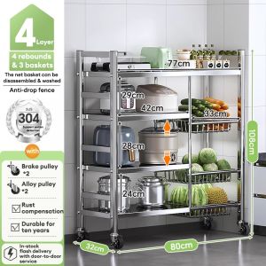 LOADNIX Stainless Steel Fruit Vegetable Storage Rack Kitchen Organizer Cart with Wheels Multi Layer Basket Shelf Heavy Duty Rolling Trolley