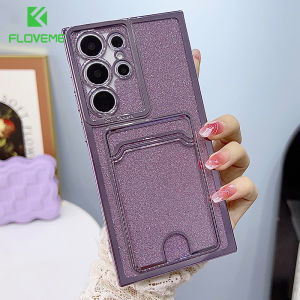 FLOVEME Card Slot Glitter Clear Phone Case For Samsung Galaxy S24 S23 S22 Ultra S23+ S22+ Plus Luxury Shining 6D Plating Lens Protection Phone Cover For Samsung S24 S23 S22