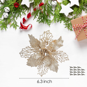 NUVOX Glitter Poinsettia Artificial Flowers 6.3inch Christmas Gold Poinsettia Decorations Tree Flowers Ornaments for Xmas/Holiday/Seasonal/Wedding Decor