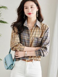 REHIN Autumn new loose plaid splicing long-sleeved shirt with contrasting colors and a thin outerwear blouse for women
