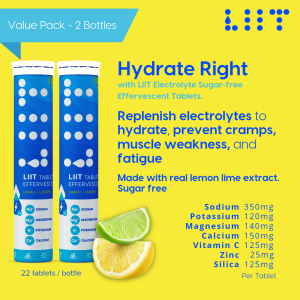 LIIT Hydration Effervescent Tablet Lemon Lime Electrolytes (2 Bottles x 22 Tablets)