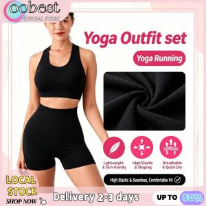 oobest 【Delivery 2-3 days】Seamless Ribbed Workout Set High Waist Sports Bra Yoga Running High Impact Gym Outfit Women