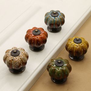 LMS70 Leopard Pattern Ceramic Pumpkin Handle European Style Single Hole Cabinet Knob Retro Round Drawer Knobs Kitchen