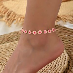 Lắc chân phong cách Âu Mỹ mẫu mới xuyên biên giới lắc chân hoa cúc nhỏ tráng men lắc chân hoa đính ngọc trai giả thủ công phụ kiện chân nữ.