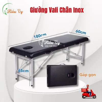 [Chịu lực 200kg] Giường Vali chân inox chắc chắn gấp gọn 180*60*65cm nhập khẩu đủ phụ kiện | Giường phun xăm gấp gọn