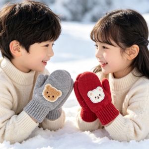 SIXIS Màu đơn sắc Găng tay giữ ấm mùa đông Với Dây Thừng Ngón tay đầy đủ Găng tay dệt Dễ thương Lớp lót ấm áp Găng tay thể thao ngoài trời Dành cho các bé trai