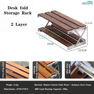 [OKLIFE. SG]3-Tier Foldable Desk Shelf Solid Wood Top Stainless Steel Frame - Space-Saving Organizer for Cup Book & Figure Display