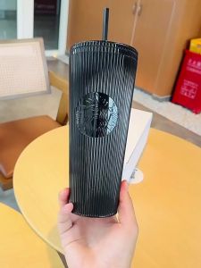 Starbucks Cup 24oz All Black Straw Cup 710ml Cool Vertical Stripe Plastic Cup gift