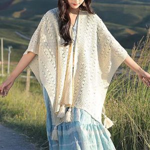 FASHLOVER Tassel Knitted Cardigan Retro Ethnic Style Smock Holiday Style Thin Women Shawl
