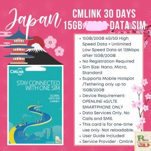 JAPAN 30 Days 15GB or 20GB Travel Data simcard