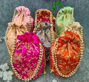 Multicolor Rajasthani Embroidered Silk Potli Bag with Bead Work | Ethnic Bridal Clutch for Women & Girls (1 Pc)