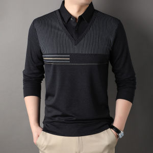 JANE173 Brand Tees Tops Men Autumn Fashion Fake Two Piece Long Sleeve T-shirt Men Regular Fit Business Casual Work Clothes Man