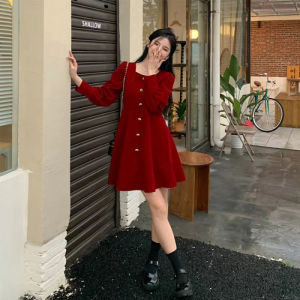 Autumn Winter Red Christmas Dress 2024 New Years Eve Dress Waist Slimming Elegant Velvet a Line skirt