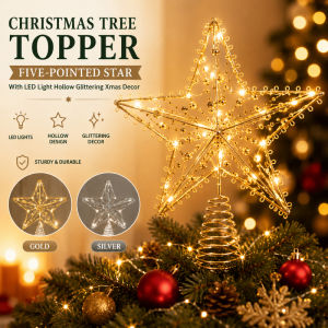 Christmas Tree Topper Five-Pointed Glod Star Topper with Led Light Hollow Glittering Xmas Decor