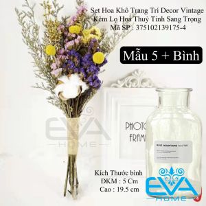 Set Hoa Khô Trang Trí Decor Vintage Kèm Lọ Hoa Thuỷ Tinh Sang Trọng
