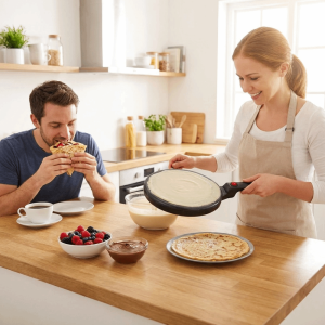 GAOSU 110V 220V Dual Voltage Electric Crepe Maker Smooth Surface Non-stick Coating Pizza Griddle Cooker EU US Compatible Plugs Stable Body Structure Non-stick Crepe Pan for US/UK/EU Household Breakfast Making