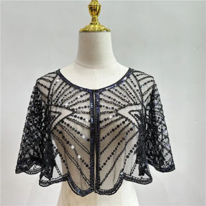 Vintage 1920s Flapper Shawl Sequin Beaded Short Cape Beaded Decoration Gatsby Party Mesh Short Cover Up Dress Accessory