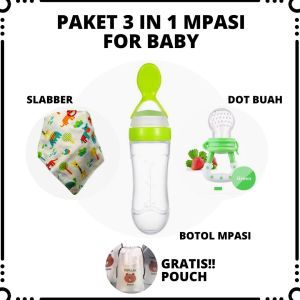 Paket MPASI 3in1 Bayi – Botol Sendok Dot Buah & Slabber (GRATIS Pouch Serut)