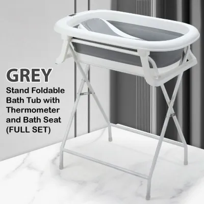 Stand Foldable Bathtub with Thermometer & Bath Seat/Drain Pipe (Full Set)/ Without Bending Over