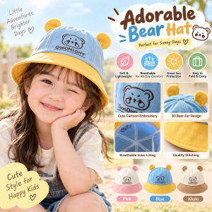 AILEBE Kids Hats Cute 3D Bear Ear Bucket Hat Cartoon Embroidery Color Block Design Soft Lightweight Breathable Easy Fold & Carry Sun Protection Outdoor Daily Wear Pang-araw Panglakad OOTD