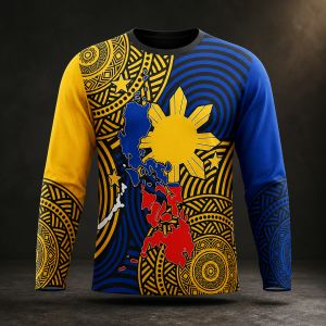 Womens Plus Size Philippine Sun Map Tribal Graphic Long Sleeve Crew Neck Jersey LA037
