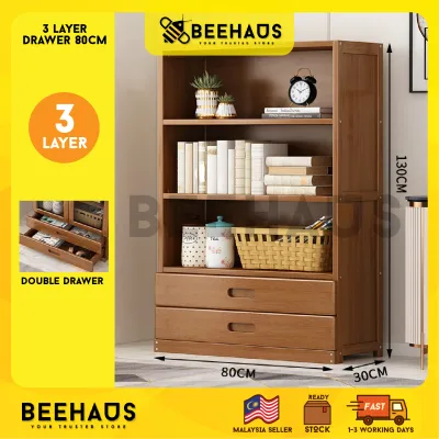 Beehaus Bamboo Cabinet With Door And Drawer | Wooden Bookshelf Book Rack Bedroom Display Rack Office File Cabinet | Kabinet Serbaguna