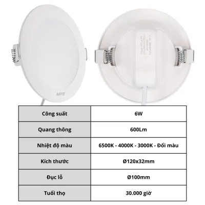 (MPE) Đèn Led Panel âm trần tròn vỏ nhựa 6W 9W 12W 18W Ánh sáng 6500K 4000K 3000K Đổi 3 màu RPL2