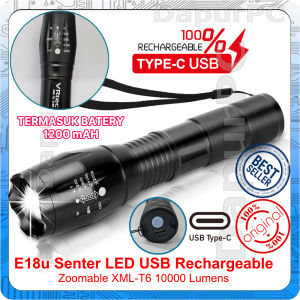 Senter LED E18u Tactical XML-T6 USB Rechargable Flashlight 10000 Lumen