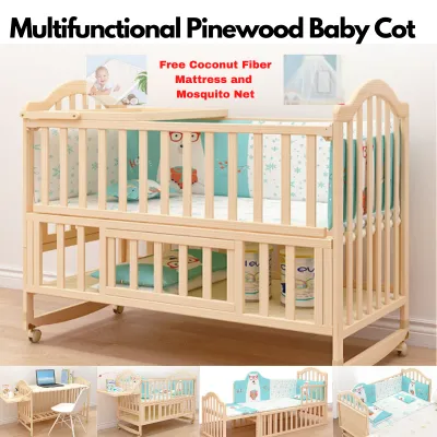 Pinewood Multifunctional Baby Cot Free Mattress & Net Non-Toxic Extendable Storage Cradle Crib Bed Toddler 👶👶👶
