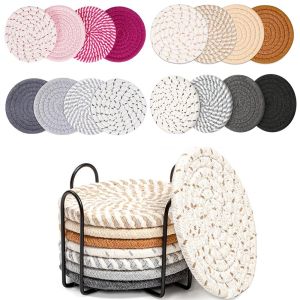 ANGY  8/10 Pcs Cotton Rope Drink Coasters Braided Round Dinner Plate Mat Set Thick Absorbent Woven Trivet Placemats Farmhouse
